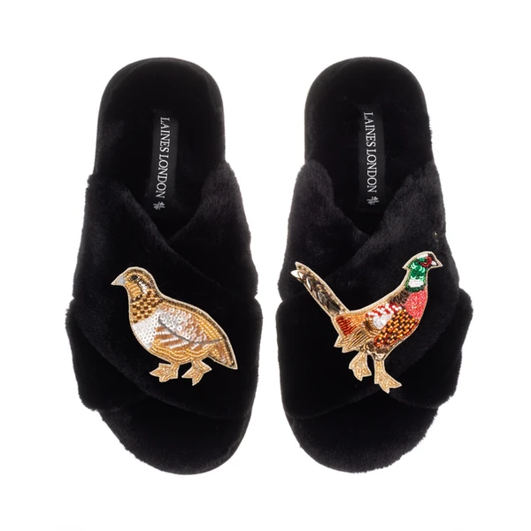 Laines London Classic Laines Slippers With Pheasant & Hen Brooches