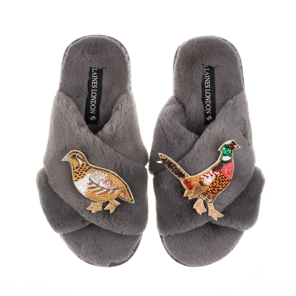 Laines London Classic Laines Slippers With Pheasant & Hen Brooches