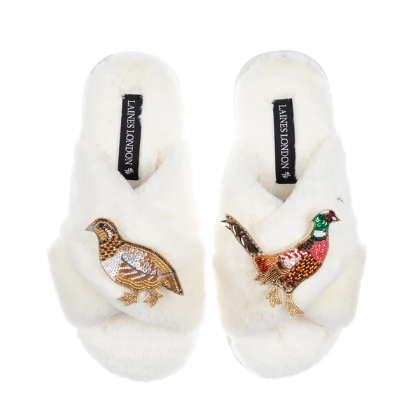 laines london Classic Laines Slippers With Pheasant & Hen Brooches laines london Classic Laines Slippers With Pheasant & Hen Brooches