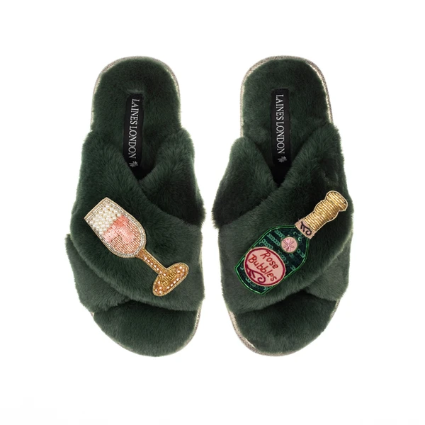 Laines London Classic Laines Slippers With Pink Champagne & Glass Brooches