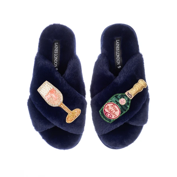Laines London Classic Laines Slippers With Pink Champagne & Glass Brooches