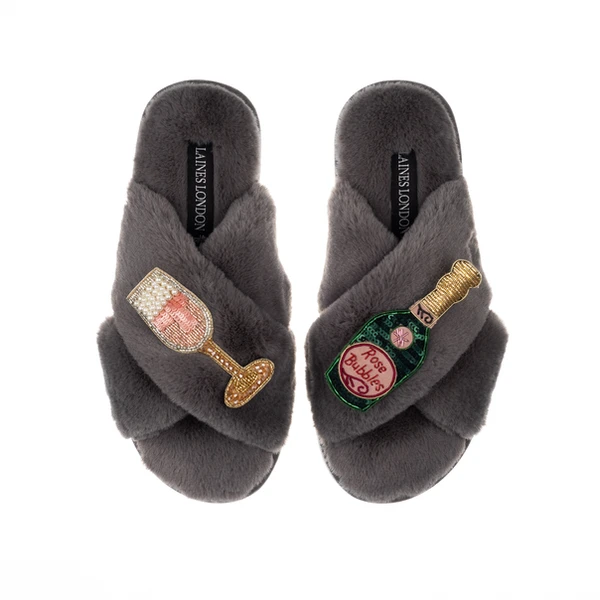 Laines London Classic Laines Slippers With Pink Champagne & Glass Brooches
