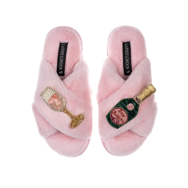laines london Classic Laines Slippers With Pink Champagne & Glass Brooches