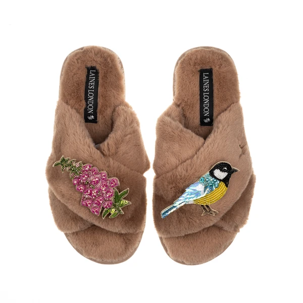 Laines London Classic Laines Slippers With Pink Foxglove Flowers & Blue Tit Brooches