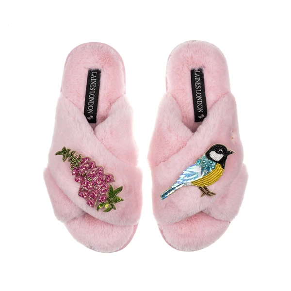 Laines London Classic Laines Slippers With Pink Foxglove Flowers & Blue Tit Brooches