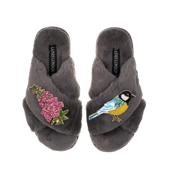 Laines London Classic Laines Slippers With Pink Foxglove Flowers & Blue Tit Brooches