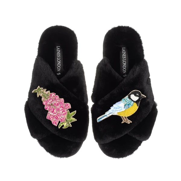 laines london Classic Laines Slippers With Pink Foxglove Flowers & Blue Tit Brooches