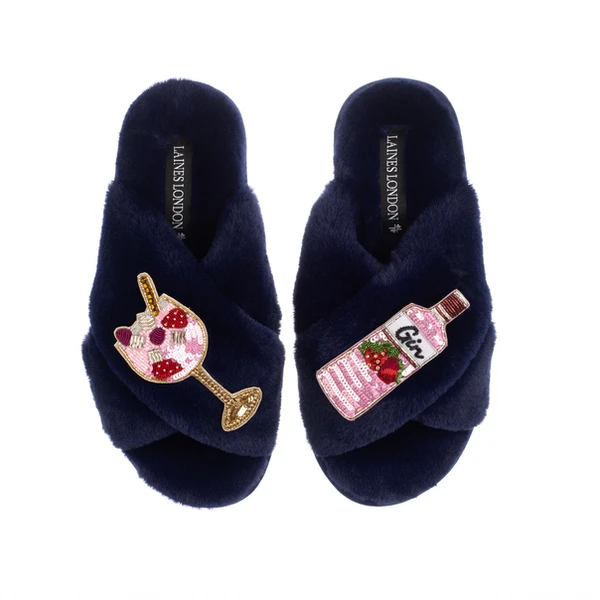 Laines London Classic Laines Slippers With Pink Gin & Glass Brooches