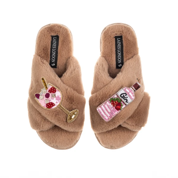 Laines London Classic Laines Slippers With Pink Gin & Glass Brooches
