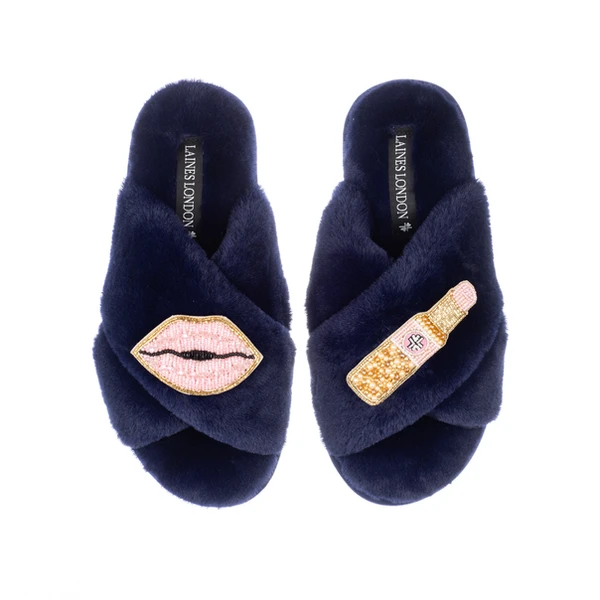 Laines London Classic Laines Slippers With Pink Lipstick & Lips Brooches