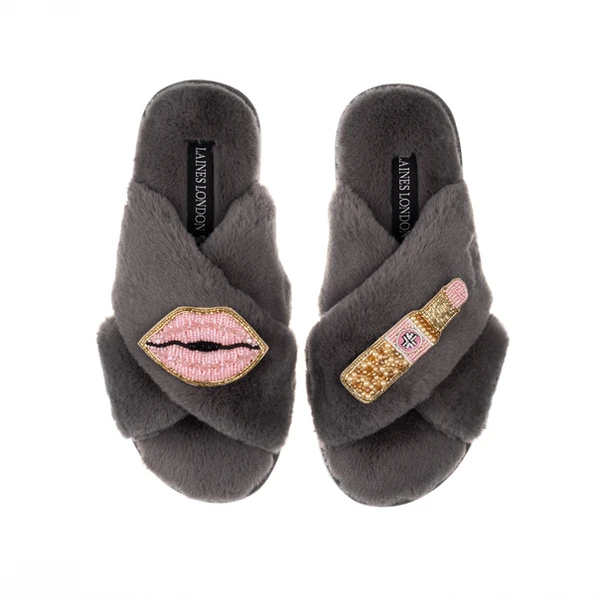 Laines London Classic Laines Slippers With Pink Lipstick & Lips Brooches