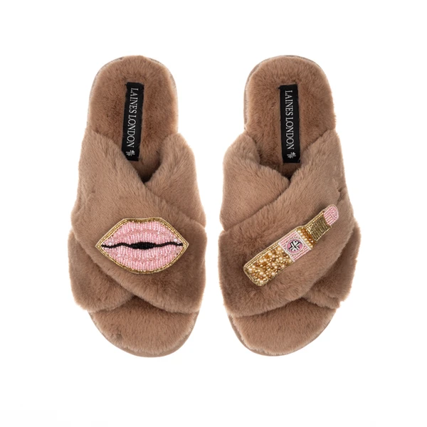 Laines London Classic Laines Slippers With Pink Lipstick & Lips Brooches