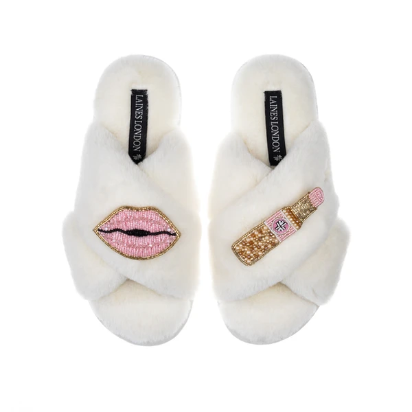 laines london Classic Laines Slippers With Pink Lipstick & Lips Brooches