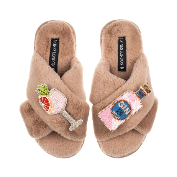 Laines London Classic Laines Slippers With Pink Rosa & Grapefruit Gin Brooches
