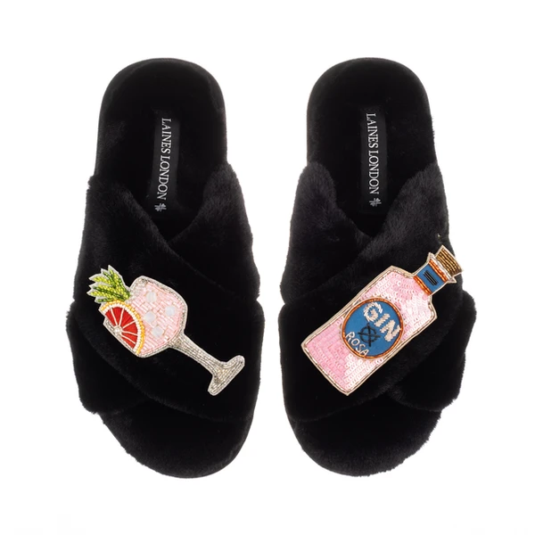 Laines London Classic Laines Slippers With Pink Rosa & Grapefruit Gin Brooches