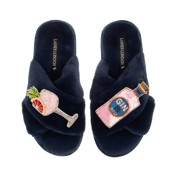 Laines London Classic Laines Slippers With Pink Rosa & Grapefruit Gin Brooches