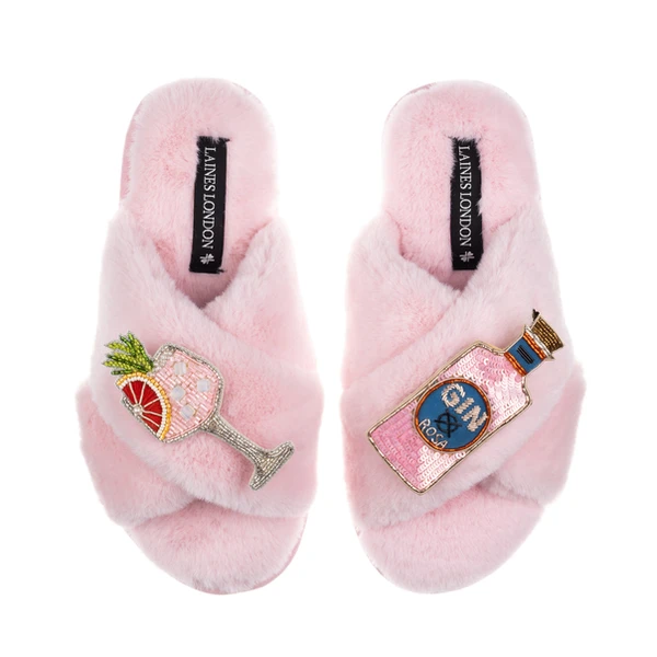 laines london Classic Laines Slippers With Pink Rosa & Grapefruit Gin Brooches