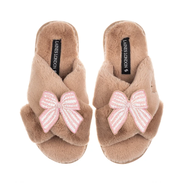 Laines London Classic Laines Slippers With Pink Stripe Bow Brooches