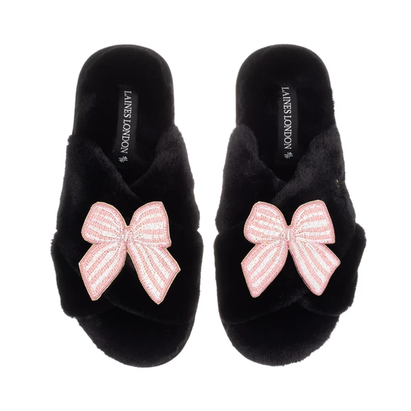 Laines London Classic Laines Slippers With Pink Stripe Bow Brooches