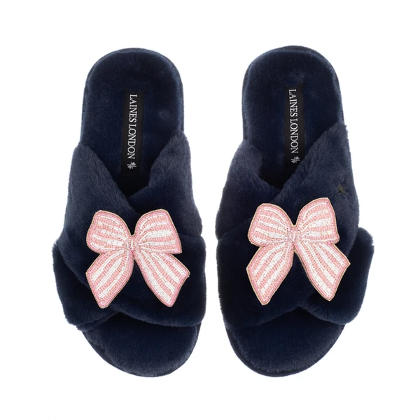 Laines London Classic Laines Slippers With Pink Stripe Bow Brooches