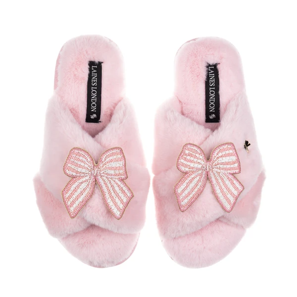 laines london Classic Laines Slippers With Pink Stripe Bow Brooches