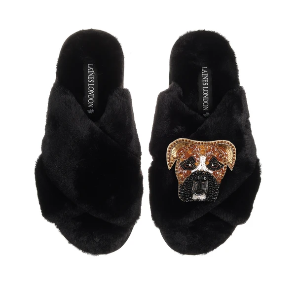 Laines London Classic Laines Slippers With Pip The Boxer Brooch