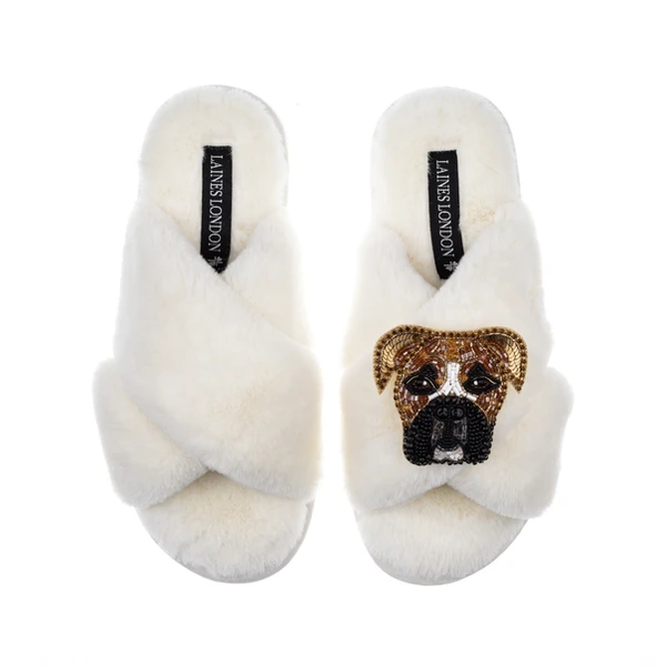 Laines London Classic Laines Slippers With Pip The Boxer Brooch