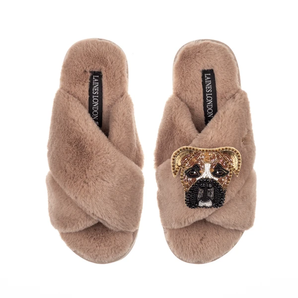 laines london Classic Laines Slippers With Pip The Boxer Brooch