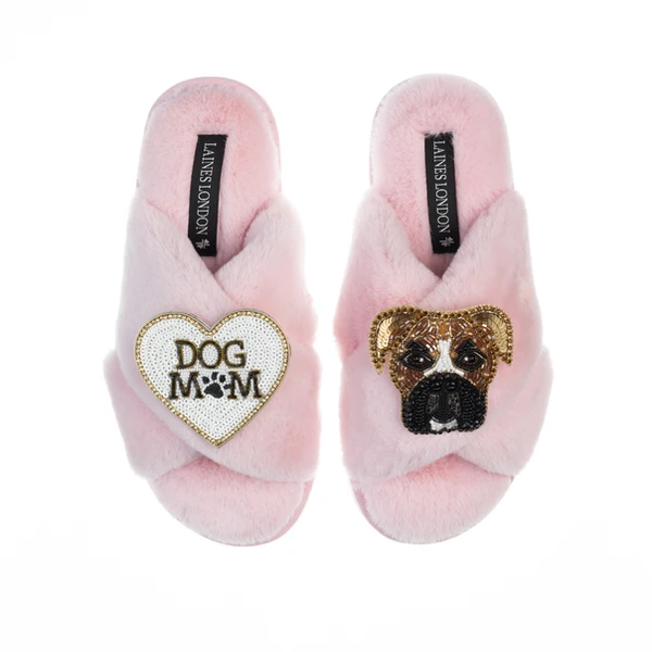 Laines London Classic Laines Slippers With Pip The Boxer & Dog Mum / Mom Brooches
