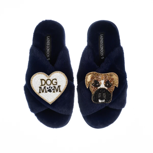 Laines London Classic Laines Slippers With Pip The Boxer & Dog Mum / Mom Brooches