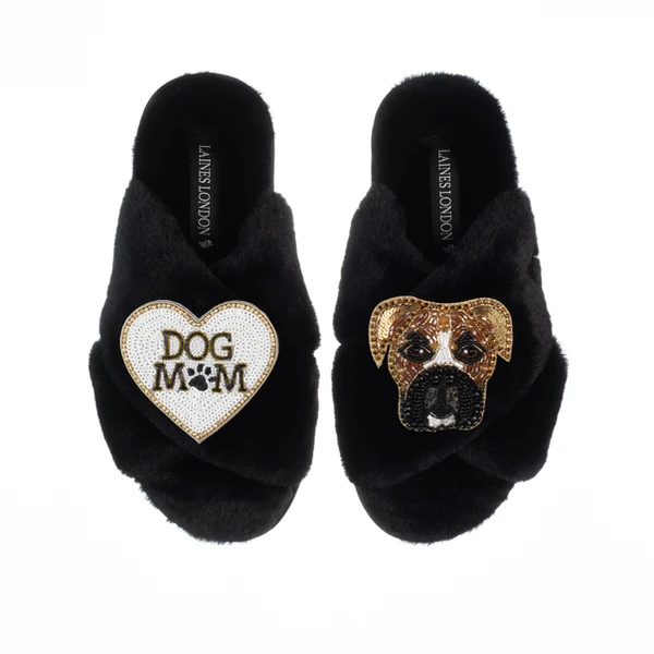 laines london Classic Laines Slippers With Pip The Boxer & Dog Mum / Mom Brooches