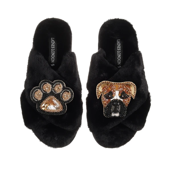 Laines London Classic Laines Slippers With Pip The Boxer & Paw Brooches