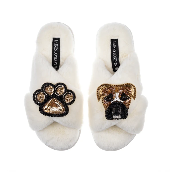 Laines London Classic Laines Slippers With Pip The Boxer & Paw Brooches