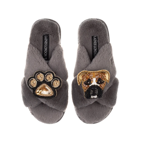 Laines London Classic Laines Slippers With Pip The Boxer & Paw Brooches