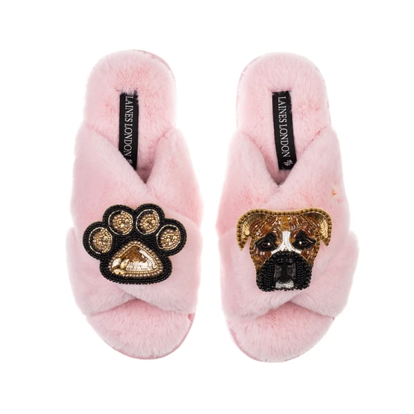 laines london Classic Laines Slippers With Pip The Boxer & Paw Brooches