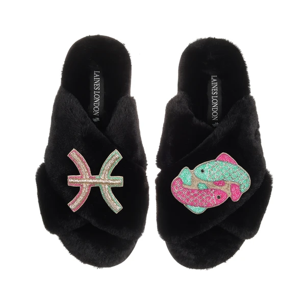 Laines London Classic Laines Slippers With Pisces Star Sign Brooches