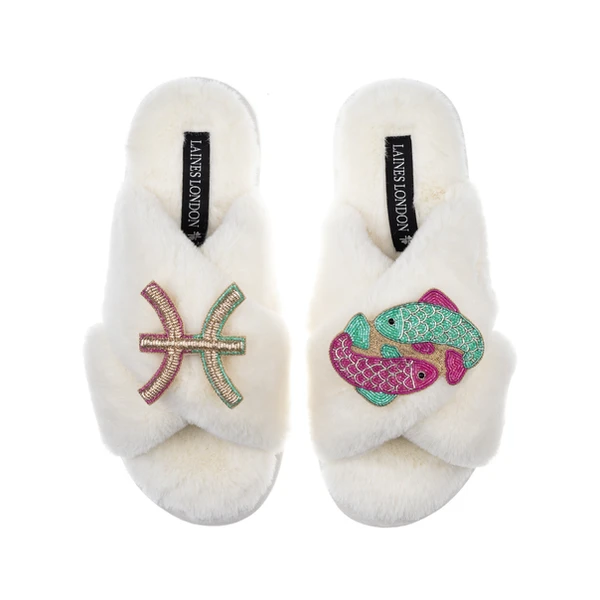Laines London Classic Laines Slippers With Pisces Star Sign Brooches