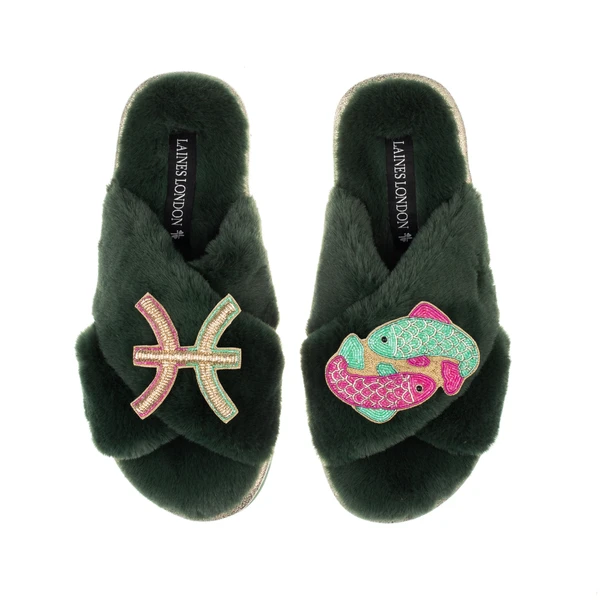 Laines London Classic Laines Slippers With Pisces Star Sign Brooches