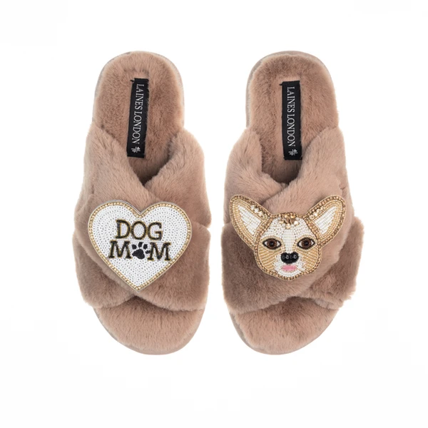 Laines London Classic Laines Slippers With Princess Chihuahua & Dog Mum / Mom Brooches
