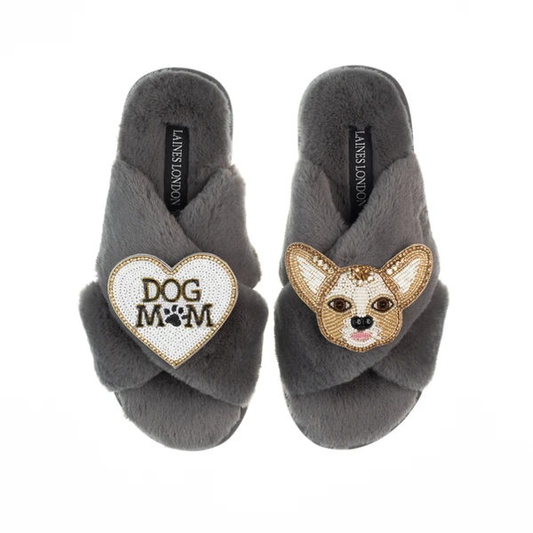 laines london Classic Laines Slippers With Princess Chihuahua & Dog Mum / Mom Brooches