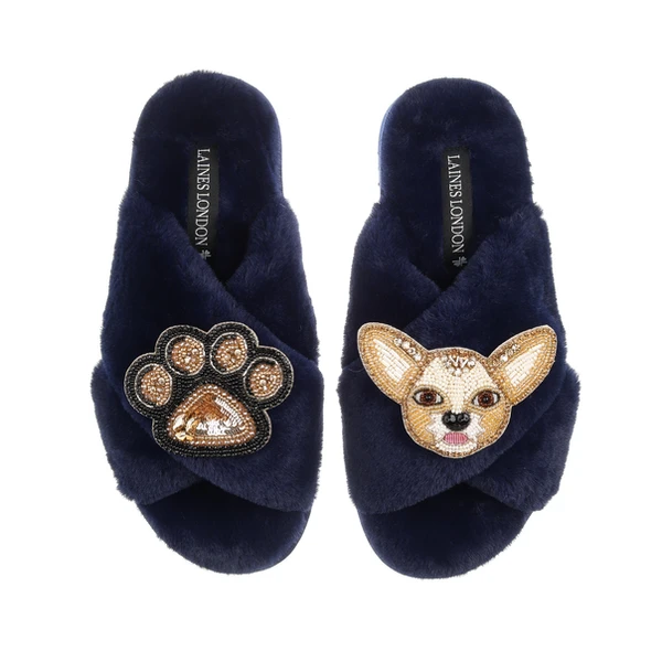 Laines London Classic Laines Slippers With Princess The Chihuahua & Paw Brooches