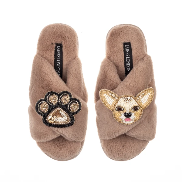 Laines London Classic Laines Slippers With Princess The Chihuahua & Paw Brooches