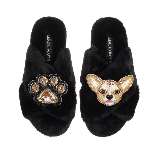 Laines London Classic Laines Slippers With Princess The Chihuahua & Paw Brooches