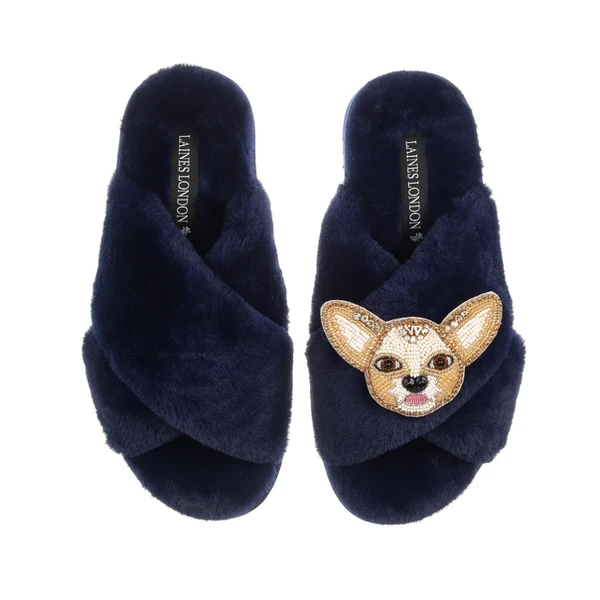 Laines London Classic Laines Slippers With Princess The Chihuahua Brooch
