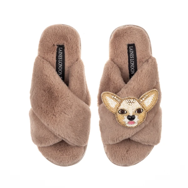 Laines London Classic Laines Slippers With Princess The Chihuahua Brooch