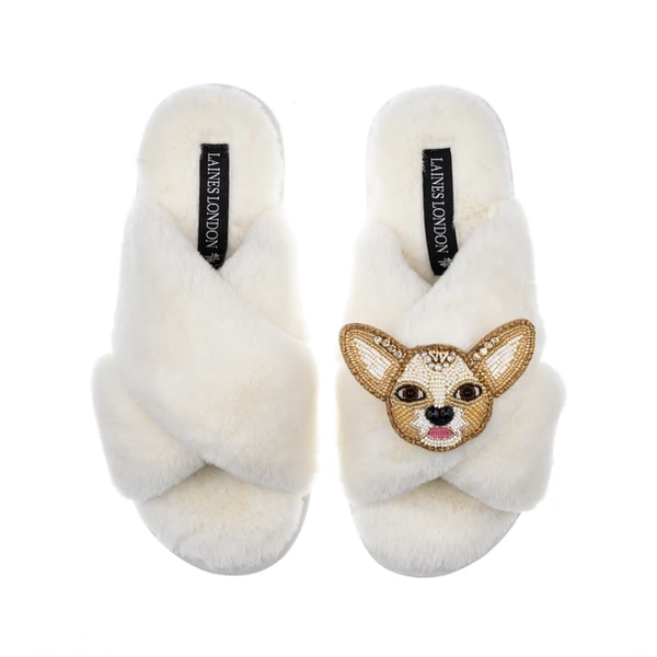 laines london Classic Laines Slippers With Princess The Chihuahua Brooch