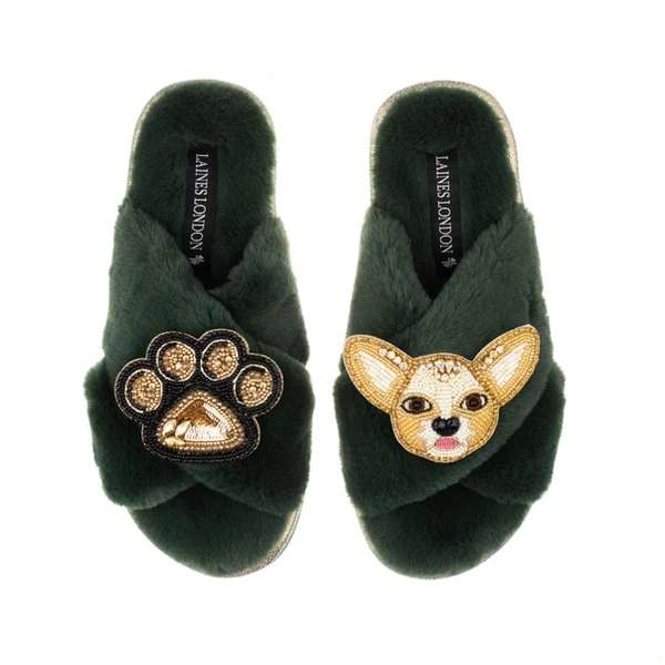 laines london Classic Laines Slippers With Princess The Chihuahua & Paw Brooches