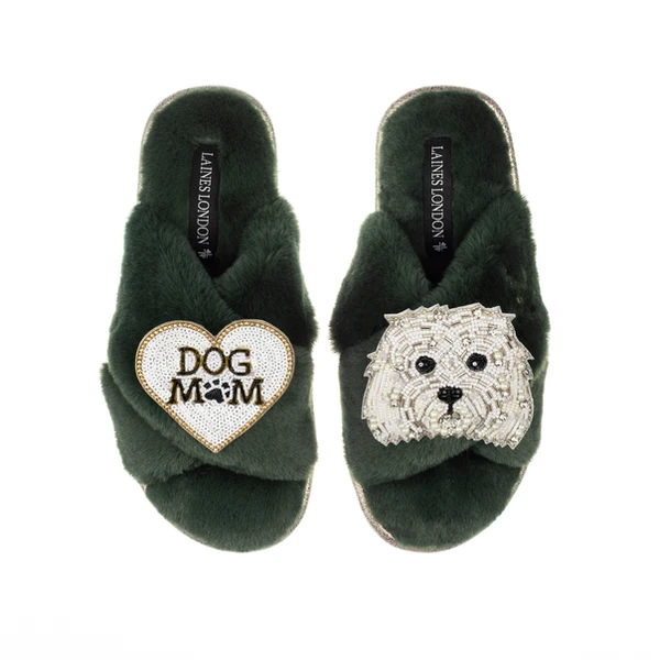 laines london Classic Laines Slippers With Queenie & Dog Mum / Mom Brooches