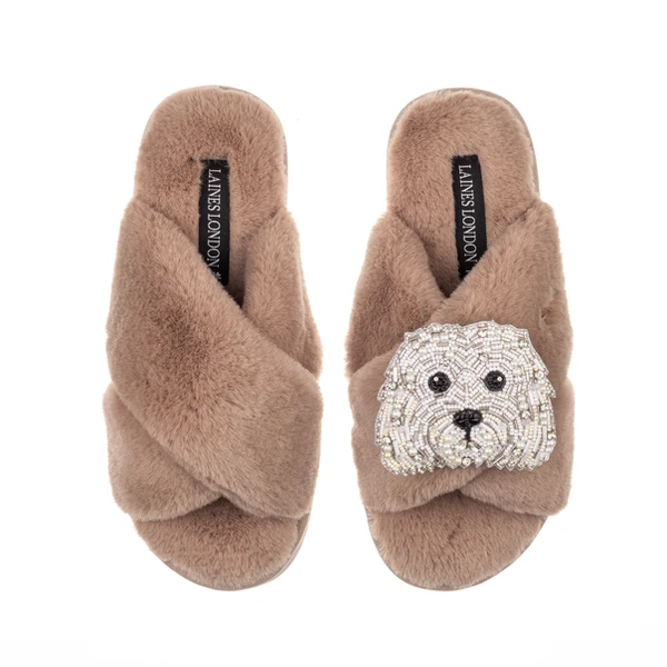 Laines London Classic Laines Slippers With Queenie The Bichon Brooch