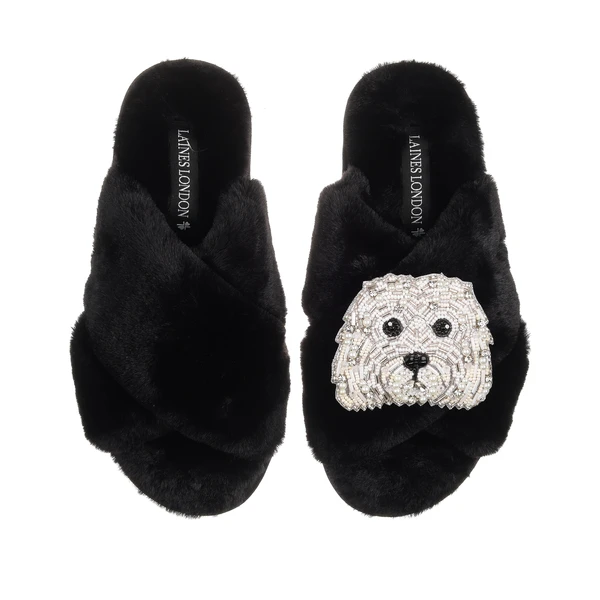 Laines London Classic Laines Slippers With Queenie The Bichon Brooch